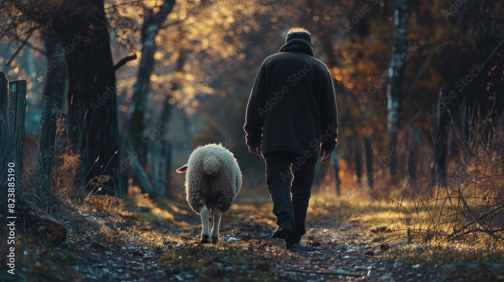 Poster a man walking down a path with a sheep. suitable for various outdoor and rural themes