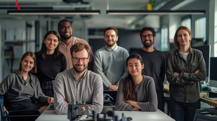 Fototapeta premium Programming Team - A group of tech-savvy colleagues pose in a modern office, they demonstrate the dynamic spirit of a modern programming team