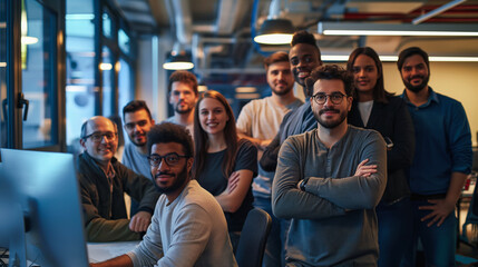A group portrait of a team of programmers stands against the backdrop of a stylish modern office. They smile with confidence, reflecting collaboration and innovation in today's work environment. - Powered by Adobe