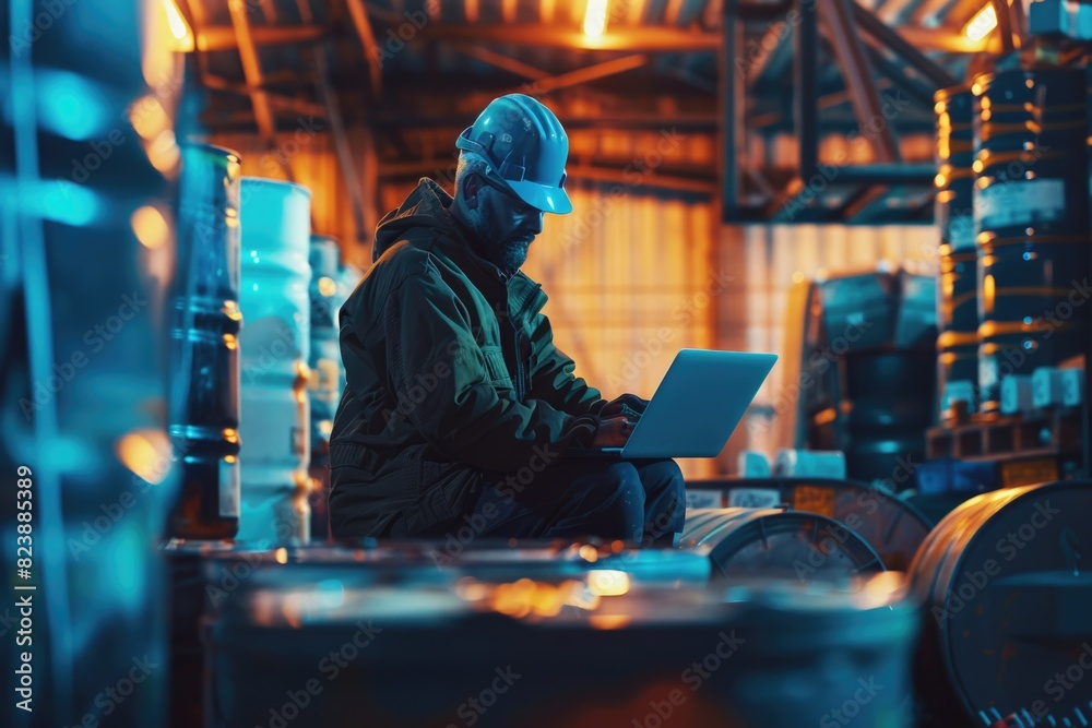 Poster a man sitting on a barrel with a laptop. suitable for technology and remote work concepts