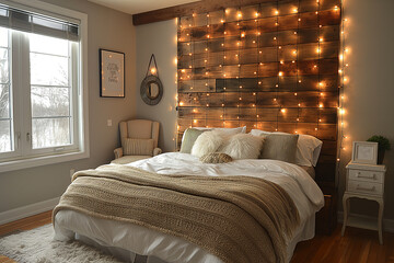 A bedroom featuring a DIY headboard made from reclaimed wood, with fairy lights draped over it, adding warmth and a cozy ambiance.