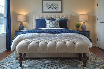 A DIY upholstered bench at the foot of a bed, covered in a stylish fabric that complements the room’s color scheme, providing additional seating and decor.