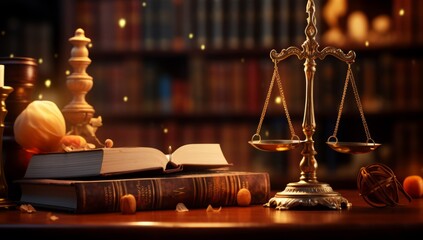  Symbolic Balance Law Scale and Books on a Desk of Gold and Brown