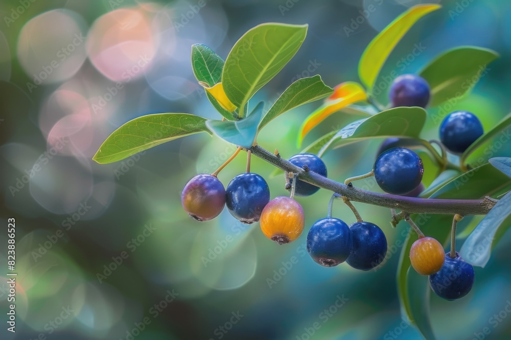 Poster a close-up view of a bunch of fruit on a tree. perfect for illustrating healthy eating or nature con
