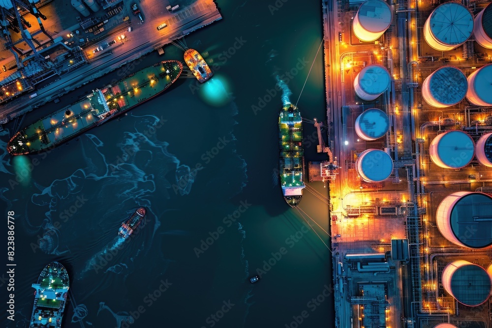 Poster A stunning aerial view of a harbor at night. Perfect for travel and tourism promotions