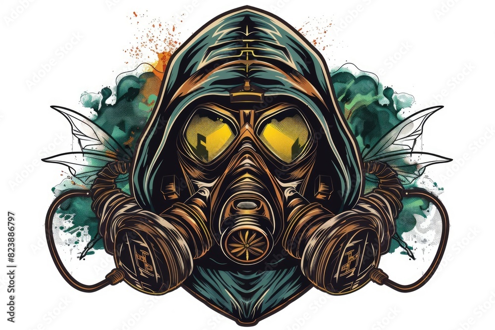 Poster a man wearing a gas mask and goggles. suitable for science fiction or post-apocalyptic themes