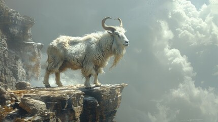 Mountain White Goat Standing Alone on Rocky Ledge, To provide an exciting and nature enthusiasts