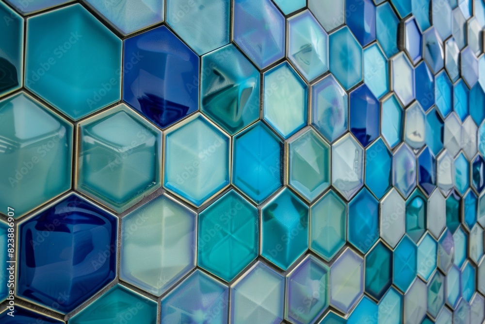 Wall mural a geometric pattern of interlocking hexagons in various shades of blue and green, creating a modern 