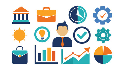 Business and Finance Flat Icons Set: Data Analytics, Management, Success, and Innovation Concepts