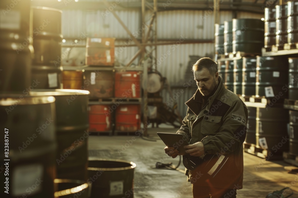 Poster a man standing in a warehouse, looking at a tablet. suitable for business and technology concepts