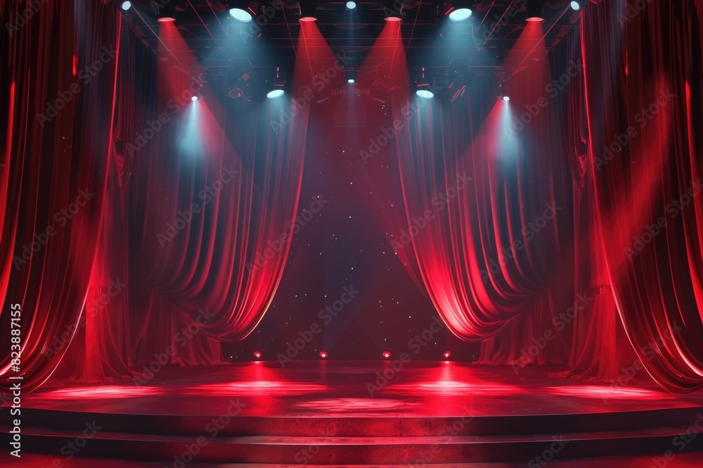 Poster a stage with red curtains and bright spotlights. ideal for theater or performance concepts