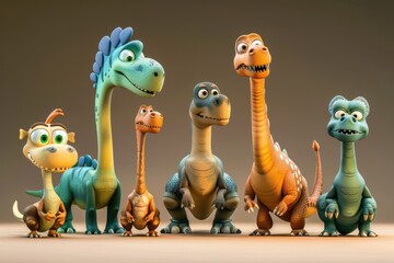 A group of toy dinosaurs standing next to each other. Ideal for educational materials