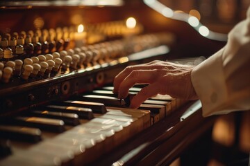 Close up of a person playing a piano. Suitable for music-related projects
