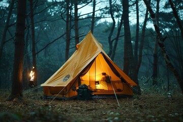 Camping in the Forest by the Lake in the Evening, Yellow Tent, Natural Beauty, Mental Joy