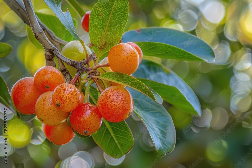 Poster a close up view of fruit hanging on a tree, suitable for various food and nature concepts