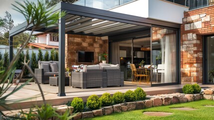 modern outdoor area with wooden deck and black metal latticed roof, surrounded by lush greenery