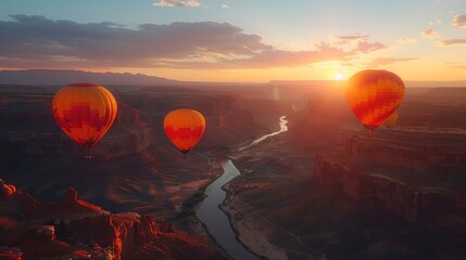 Majestic view of hot air balloons floating over a canyon during a colorful sunrise