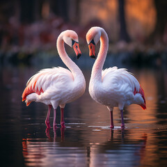 two flamingos stand together in affection