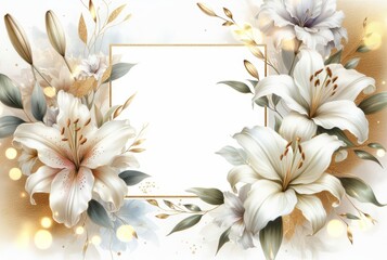 Fototapeta premium Elegant floral frame: white lilies & gold accents, ideal for invitations, greeting cards, or designs