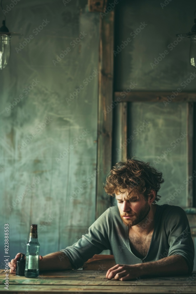 Poster a man seated at a table with a bottle of beer, suitable for lifestyle and leisure concepts