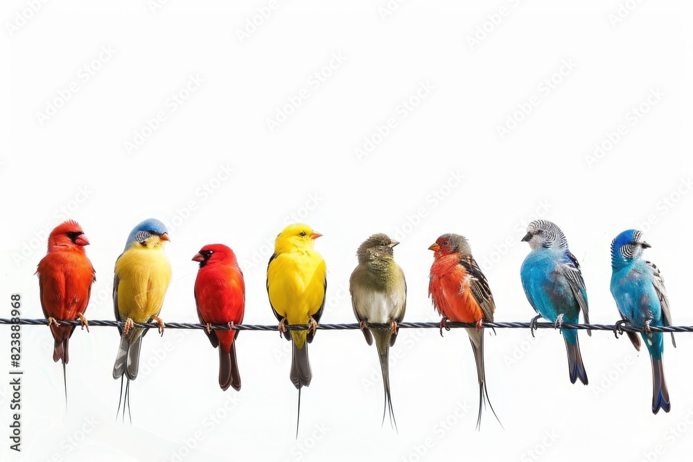 Poster Group of colorful birds perched on a wire, suitable for various design projects
