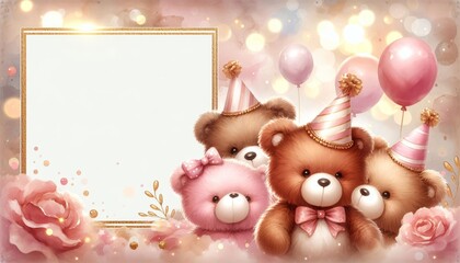 Fototapeta premium Adorable teddy bears with party hats, surrounded by balloons and flowers, perfect for a playful and festive celebration or birthday invitation.