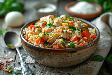 A bowl of chicken and rice with colorful vegetables sits on an old wooden table.