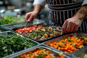 A professional chef demonstrating the art of zero-waste cooking in a modern kitchen, using every part of organic vegetables to create a gourmet Earth Day meal.