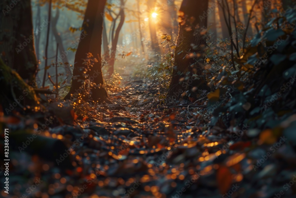 Poster sunlight filtering through dense forest canopy, ideal for nature backgrounds