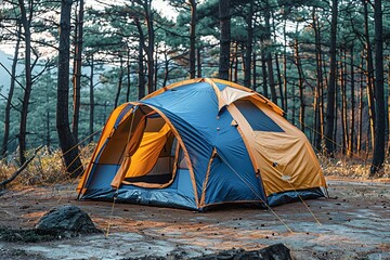 Camping in the Forest by the Lake in the Evening, Yellow Tent, Natural Beauty, Mental Joy