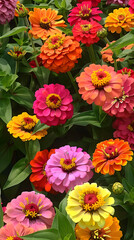 Burst of Colors: Lush and Vibrant Zinnia Flower Garden under the Clear Blue Sky