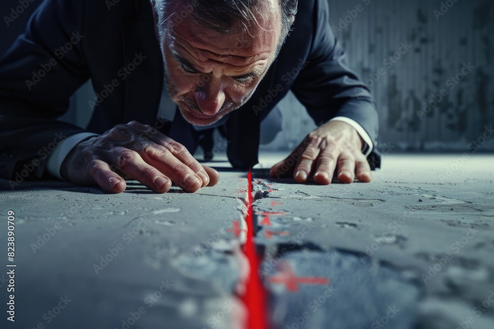 Poster a man in a suit looking at a red line, suitable for business concepts