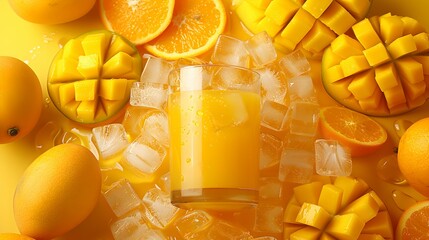 an advertising layout for a mango and orange flavored fruit juice on ice. modern. minimal. colorful. eye catching. leave space in center of layout for text

