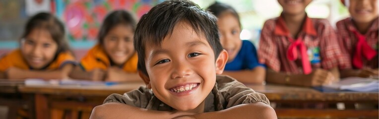 A smiling asian children boy in a classroom setting with his friends, showcasing a joyful and engaging learning environment.