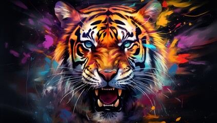 Powdered Passion Tiger's Intensity Enveloped in Colorful Explosion