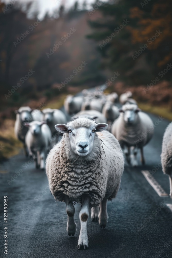 Poster a group of sheep walking down a road. suitable for agricultural concepts