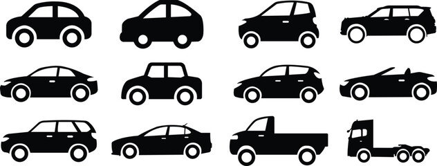 Car icons set. The car from different style vector. Side view black flat collection isolated on transparent background. Transportation symbol, traffic sign, travel element for website and app © WaQar