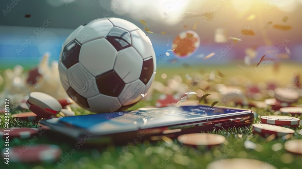 Poster a soccer ball resting on top of a cell phone. suitable for sports and technology concepts