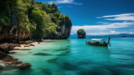 Obraz premium A traditional Thai longtail boat anchored in the clear blue waters near towering limestone cliffs on a sunny day