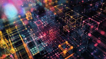 Obraz premium abstract geometric background, geometric neon shapes, technology network connections, dark background, glowing neon tech