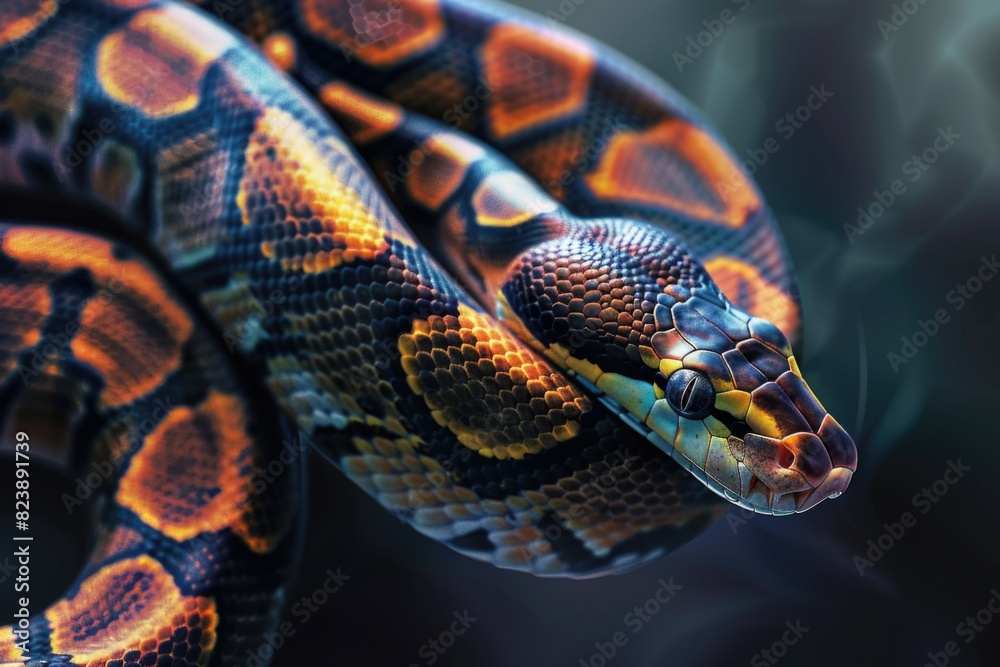 Poster close up of a snake on a black background. suitable for wildlife or danger concepts