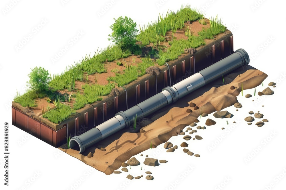 Poster a pipe laying on top of a patch of dirt. suitable for industrial or construction concepts