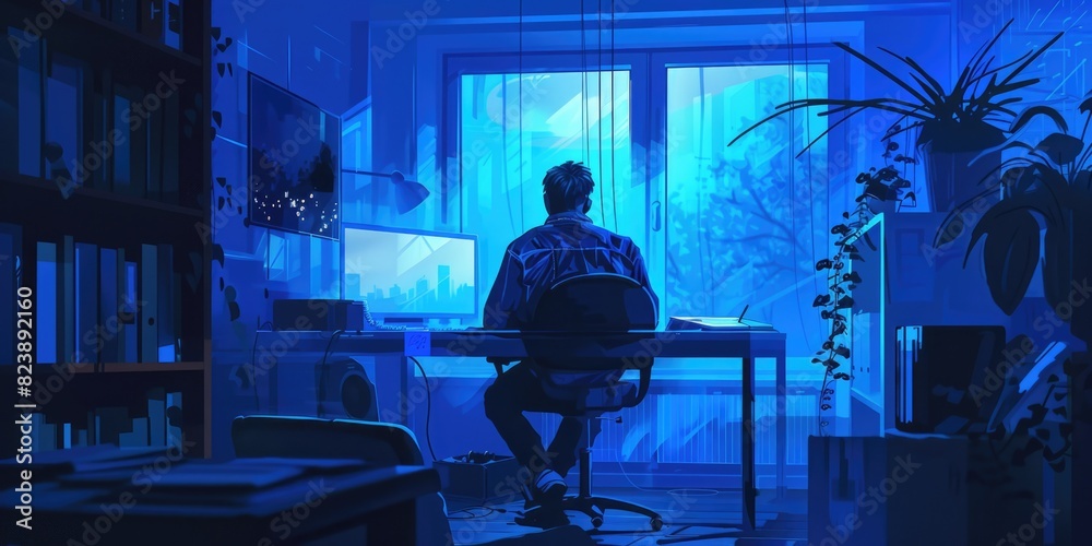 Poster a man sitting at a desk in front of a window. suitable for business or work concept