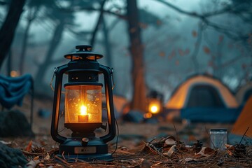 Camping in the Forest by the Lake in the Evening, Yellow Tent, Natural Beauty, Mental Joy