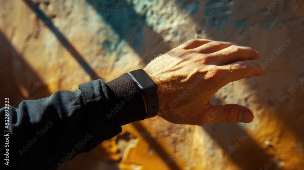 Poster close-up of a person's hand wearing a watch. suitable for time management concepts
