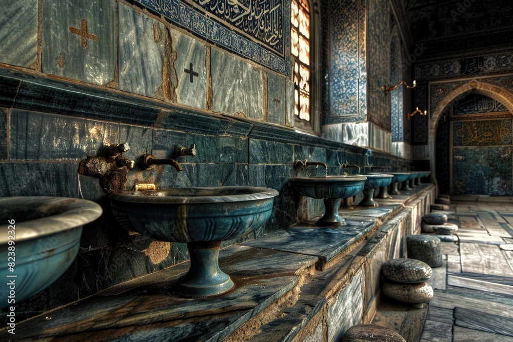 Wall mural A row of blue sinks on a stone counter. Perfect for interior design projects