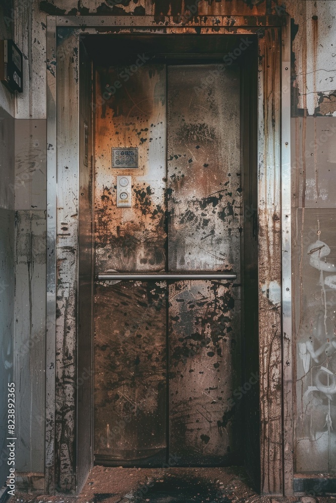 Poster an open door in a run-down building. suitable for urban exploration themes