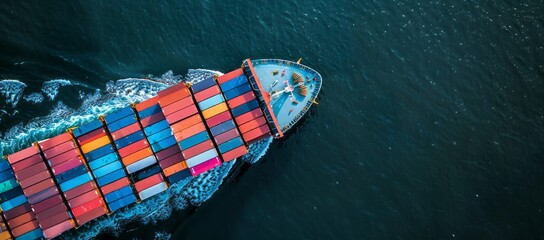 Fototapeta premium Aerial view of a cargo ship with containers sailing in the sea, seen from above in a high angle top down view