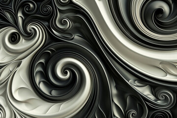 Elegant swirls in shades of black and white, creating a classic, sophisticated abstract background,