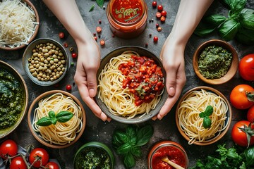 A person is holding a bowl of pasta with a variety of sauces and vegetables - Powered by Adobe